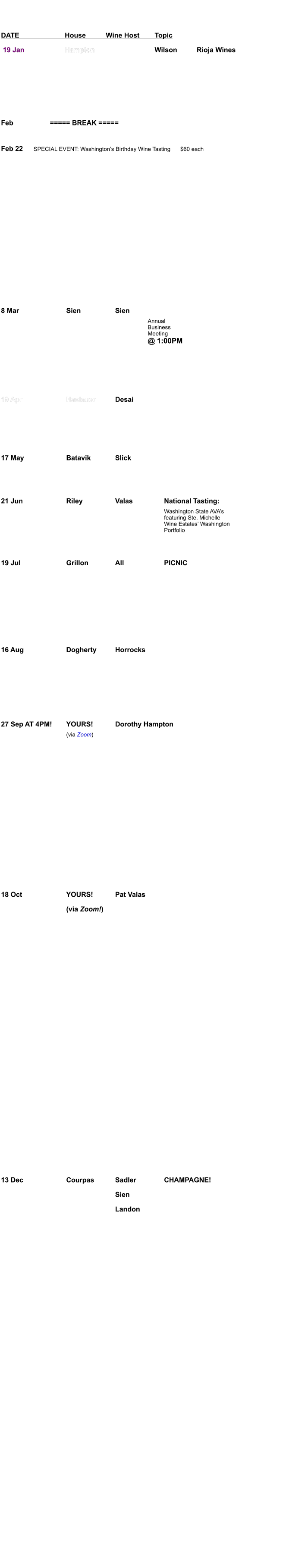 DATE	House	Wine Host	Topic  19 Jan	Hampton		Wilson		Rioja Wines     Feb			===== BREAK =====		  Feb 22 	SPECIAL EVENT: Washingtons Birthday Wine Tasting	$60 each            8 Mar			Sien			Sien			  									Annual  									Business  									Meeting  									@ 1:00PM    19 Apr			Haslauer		Desai    17 May			Batavik		Slick			     21 Jun			Riley		Valas		National Tasting: Washington State AVAs featuring Ste. Michelle Wine Estates Washington Portfolio    19 Jul			Grillon		All			PICNIC            16 Aug			Dogherty		Horrocks			          27 Sep AT 4PM!	YOURS!		Dorothy Hampton (via Zoom)           18 Oct			YOURS!		Pat Valas		 (via Zoom!)	              13 Dec			Courpas		Sadler		CHAMPAGNE! Sien Landon